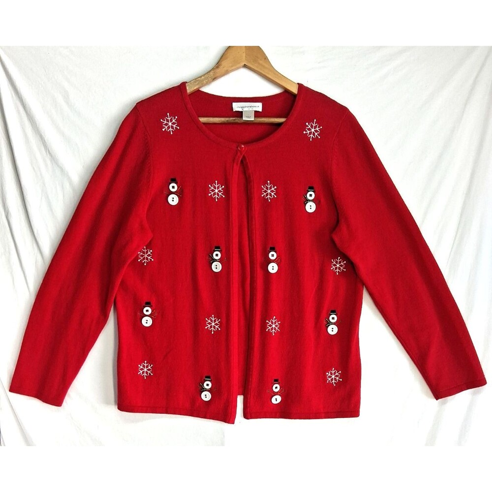 Christopher & Banks Cardigan Women L Red Snowman Open Front Stretch Christmas